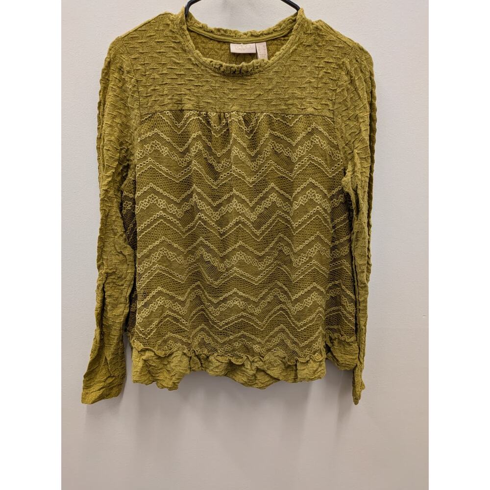 LOGO Lavish Women’s Lace Textured Top Olive Green Long Sleeve Size M